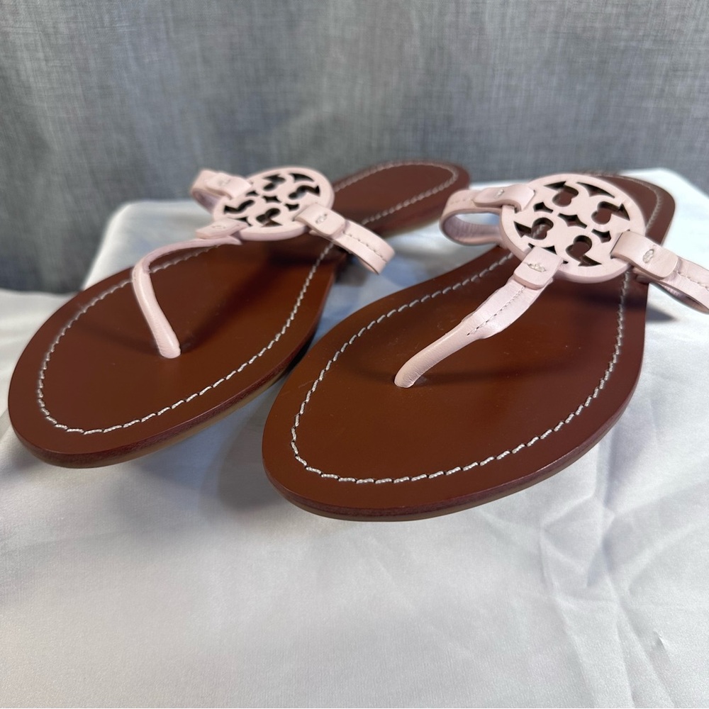 Tory Burch Pink Logo Thong Sandals on Brown Footbed - Picture 6 of 7